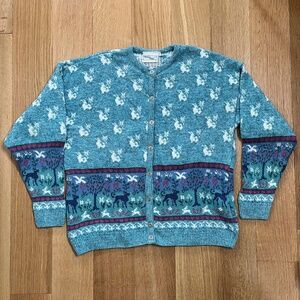 Vintage Willow Ridge Blue Fair Isle Forest Theme Cardigan